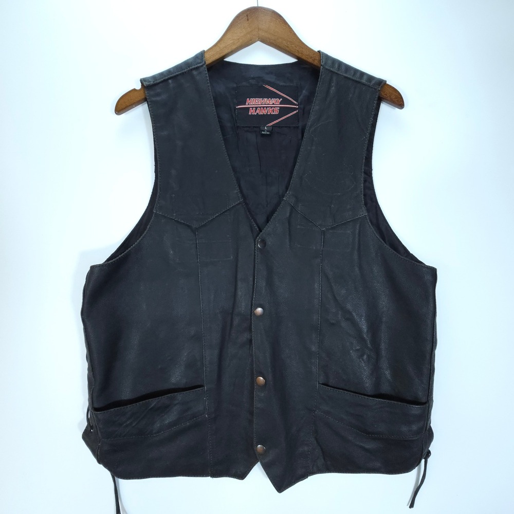 Vintage Highway Hawks Vest Mens L Black Leather Biker Side Lace Snap Streetwear